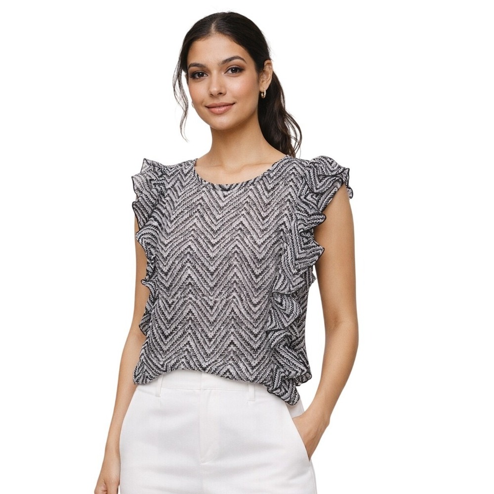 Abercrombie & Fitch Womens Chevron Ruffle Sleeveless Blouse Black White XS